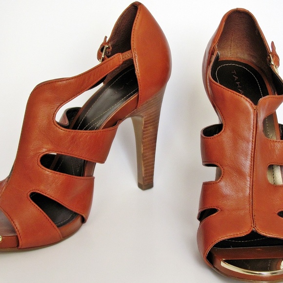 cognac high heel sandals